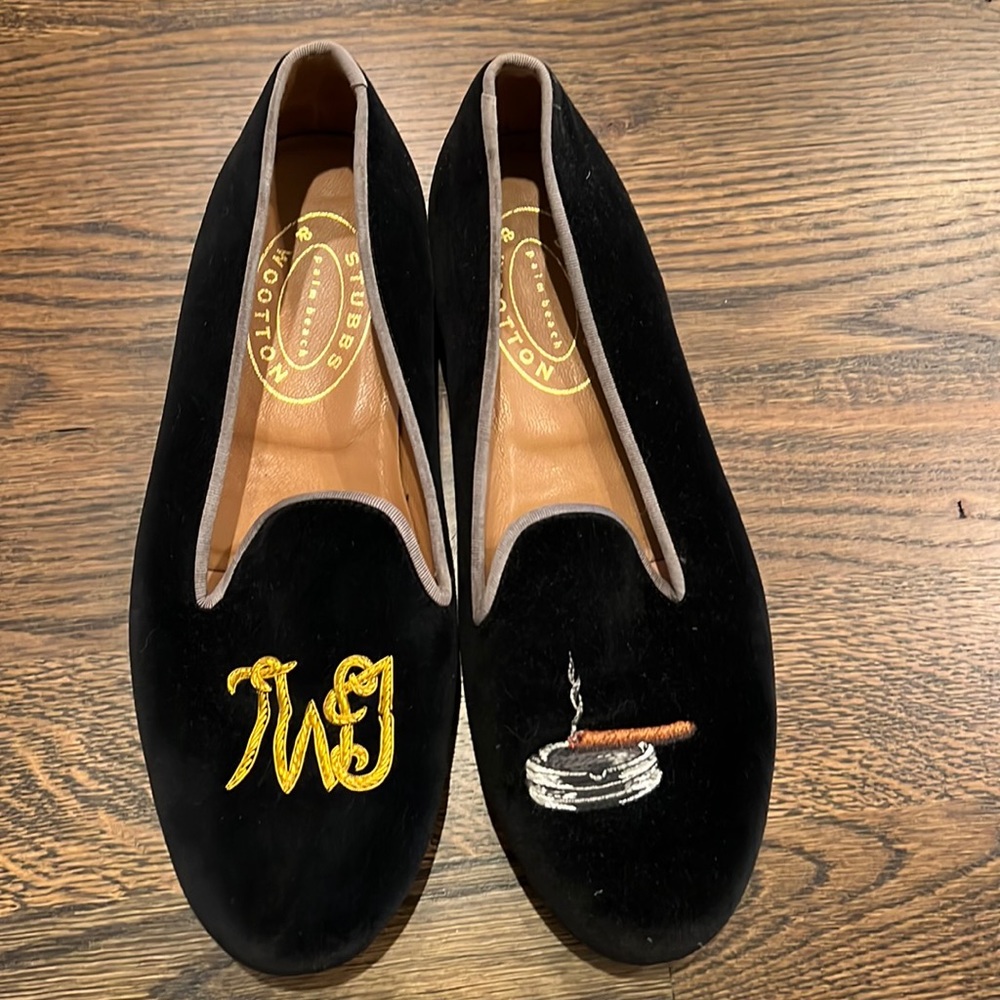 Stubbs & Wootton Lux Slipper In Black Velvet with Custom Cigar and TWJ - Size 11